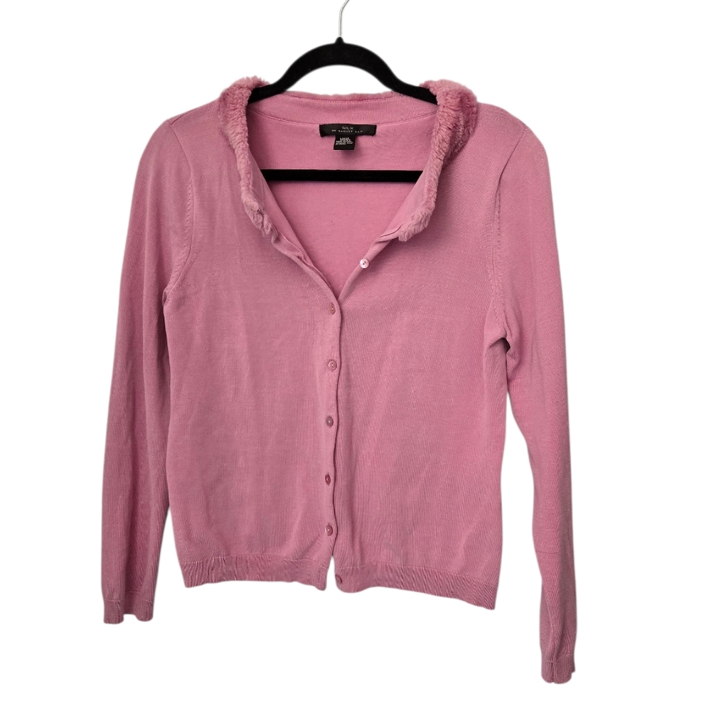 August Silk Pink Fuzzy Collar Cardigan Size Large